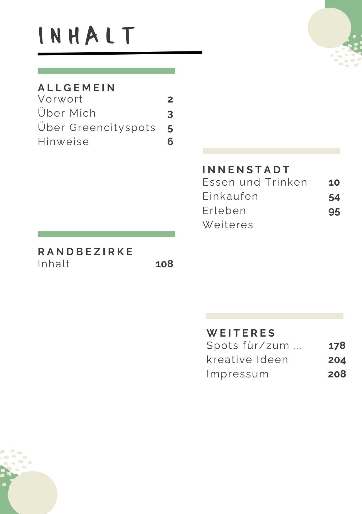 Reiseführer Vegan und Nachhaltig durch Lüneburg . Diese Seite zeigt das Inhaltsverzeichnis an mit den Kategorien Allgemein, Innenstadt, Randbezirke und Weiteres.