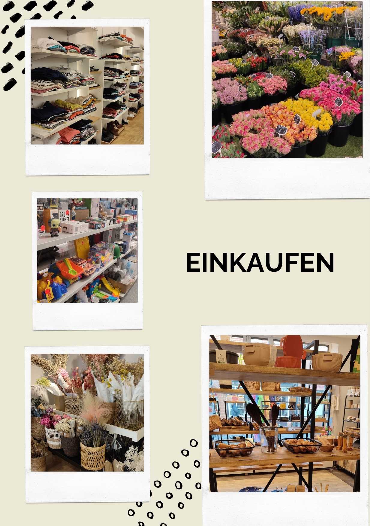 Zu sehen ist von dem Reiseführer Vegan und Nachhaltig durch Lüneburg eine Seite für die Kategorie Einkaufen. Es zeigt eine Collage von Einkaufsmöglichkeiten, die verschiedene Produkte darstellt: Second Hand Kleidung übereinander zusammen gelegt gestapelt 