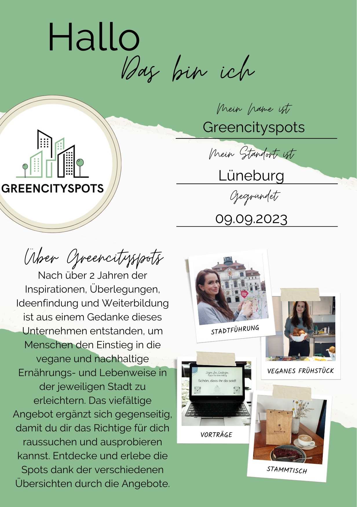 Zu sehen ist vom Reiseführer Vegan und Nachhaltig durch Lüneburg eine Intro-Seite von Greencityspots mit Informationen über das Unternehmen und dessen Angebote. Es enthält den Titel 'Hallo, das bin ich', den Namen und Standort des Unternehmens in Lüneburg