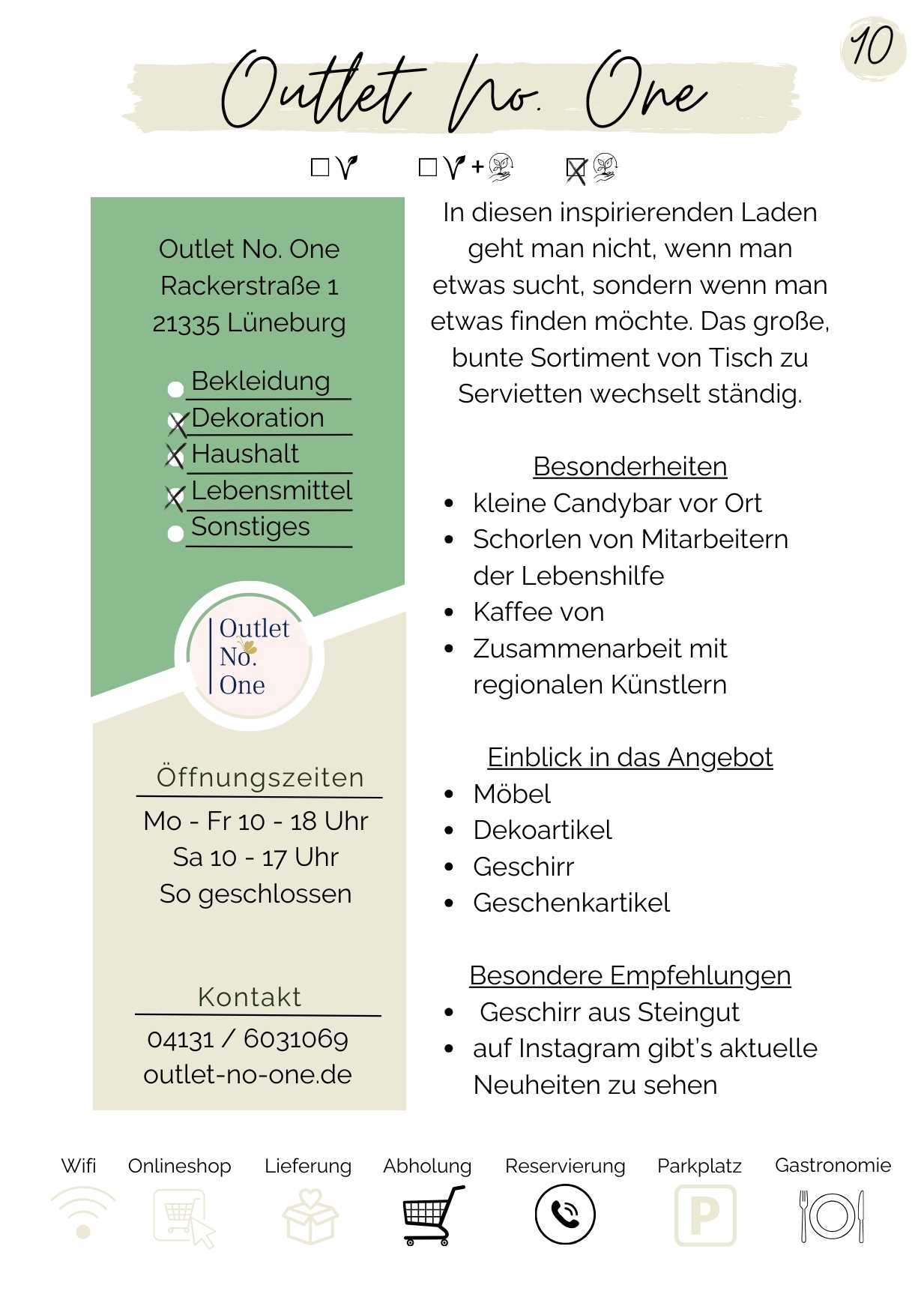 Zu sehen ist von dem Reiseführer Vegan und Nachhaltig durch Lüneburg eine Beispielseite für ein Unternehmen aus der Kategorie Einkaufen. Diese  zeigt Produktkategorien wie Bekleidung, Dekoration, Haushaltswaren, Lebensmittel und mehr. Die Besonderheiten d