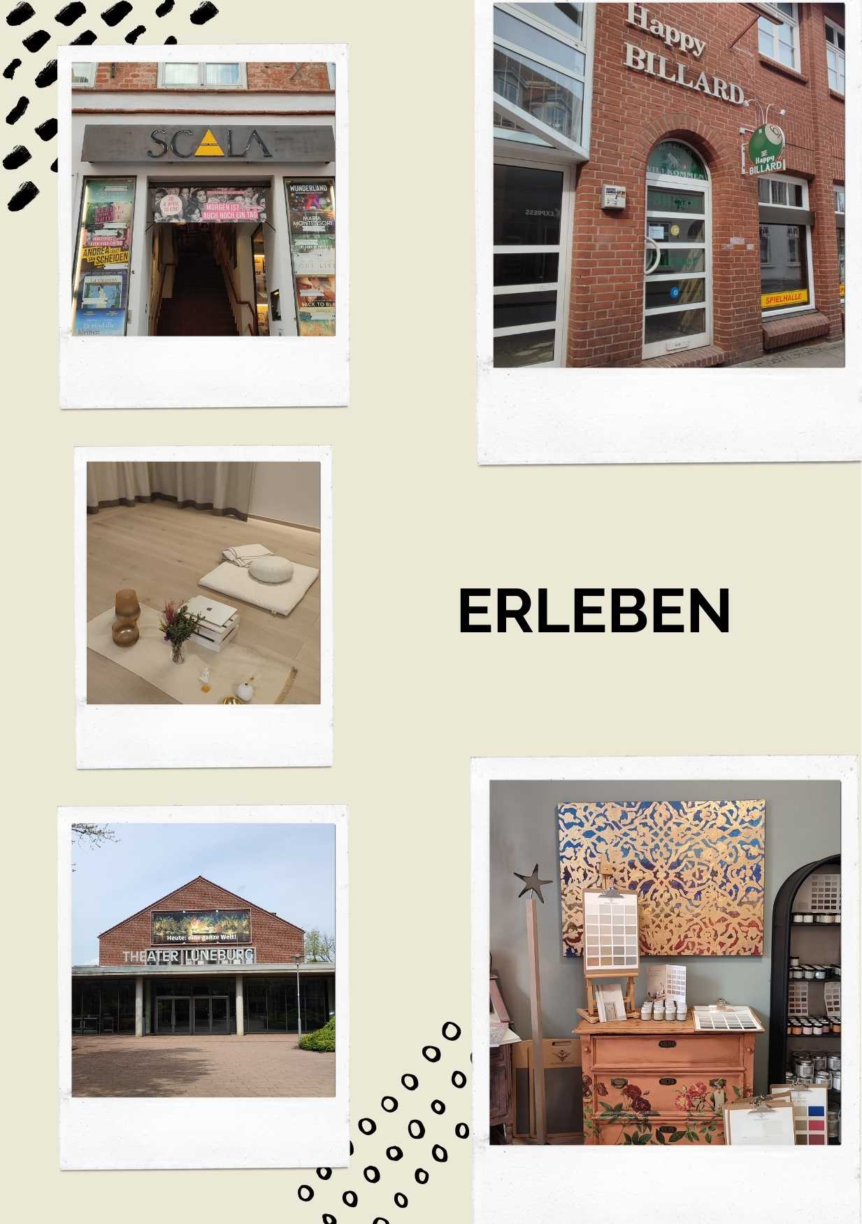 Zu sehen ist von dem Reiseführer Vegan und Nachhaltig durch Lüneburg eine Seite für die Kategorie Erleben. Es zeigt eine Collage von Erlebnisorten in Lüneburg mit dem Titel 'ERLEBEN'. Oben links zeigt das Bild das Eingangsportal des Scala Kinos, daneben d